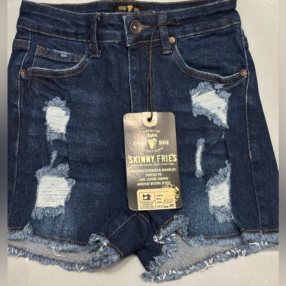 NWT Skinny Fries Women's High Waist Denim Shorts - Dark Blue